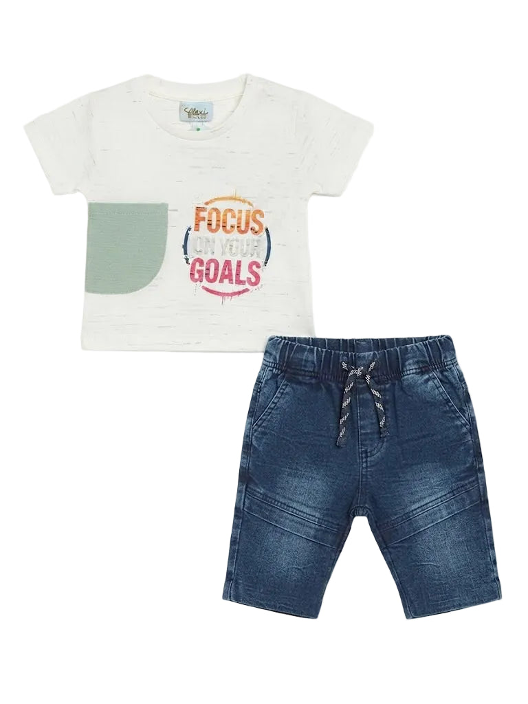 "FOCUS ON YOUR GOALS" T-Shirt & Denim-Look Short Set