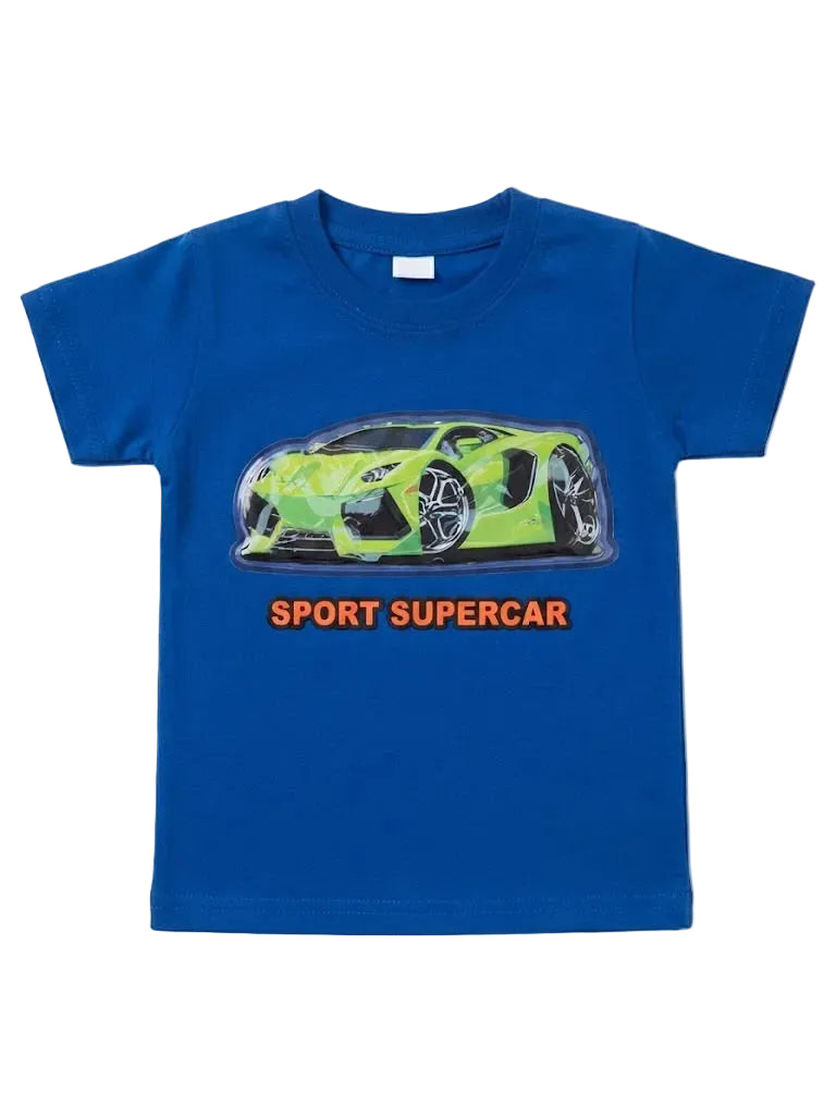 SPORT SUPERCAR" Green Car Graphic Blue Kids T-Shirt
