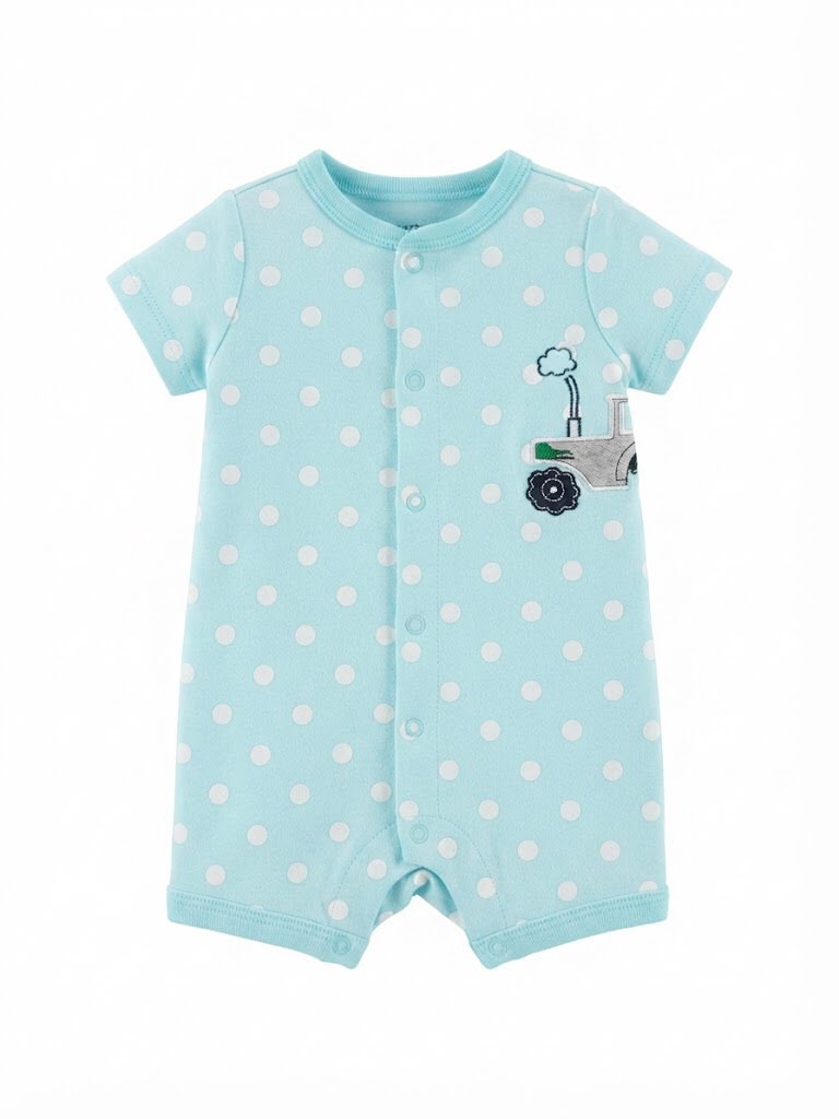 Polka Dot Tractor Patch Front-Snap Baby Romper