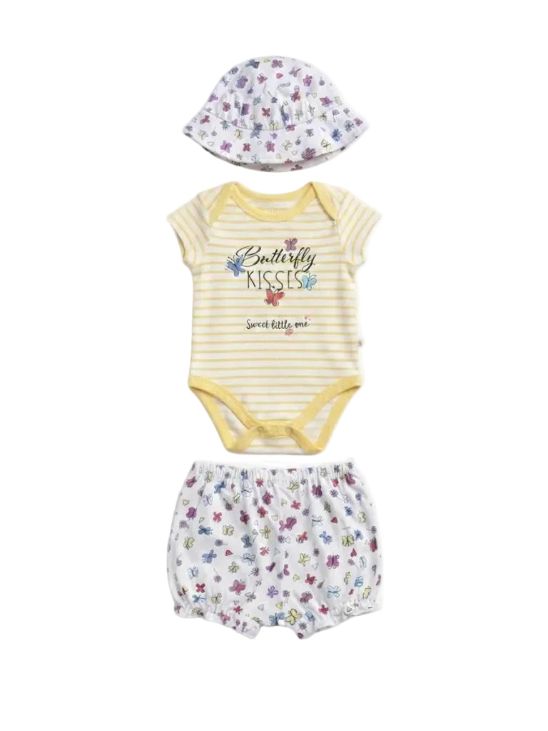 3-Piece "Butterfly Kisses" Bodysuit, Shorts & Sun Hat Set