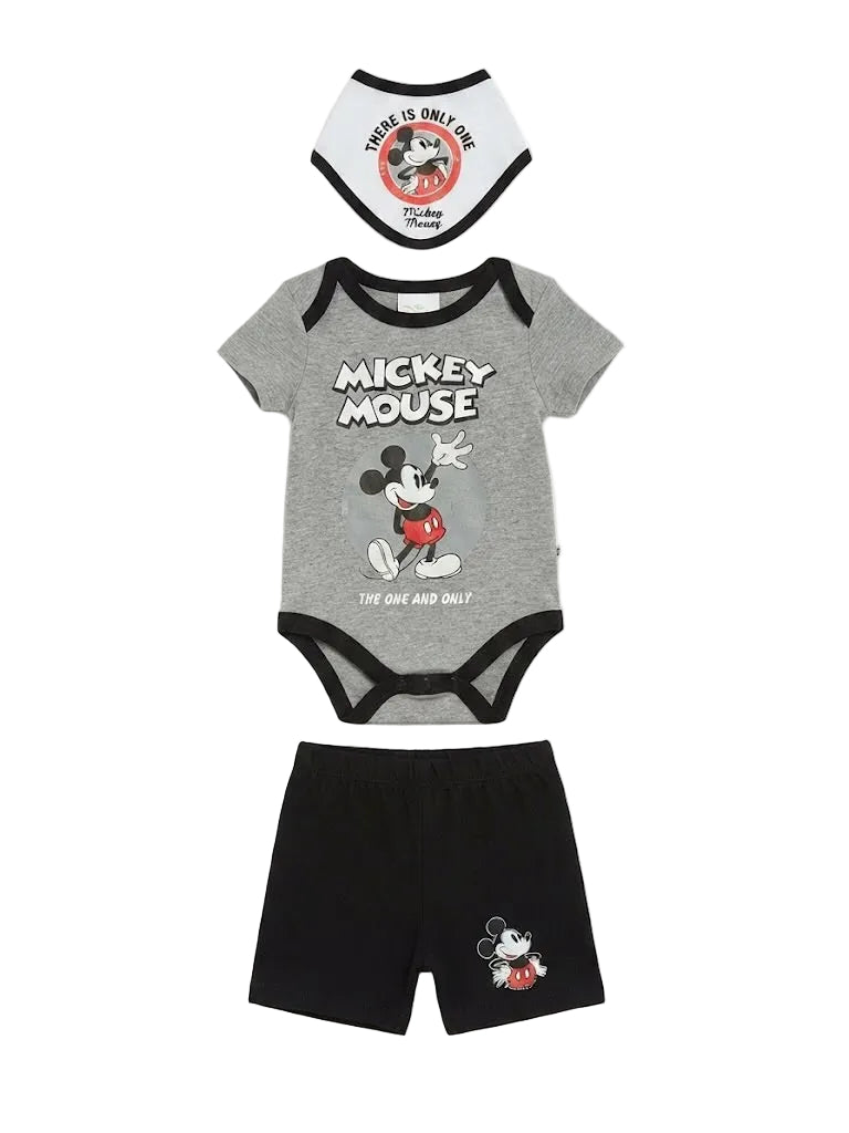 3-Piece Disney Mickey Mouse Grey Bodysuit, Shorts & Bib Set