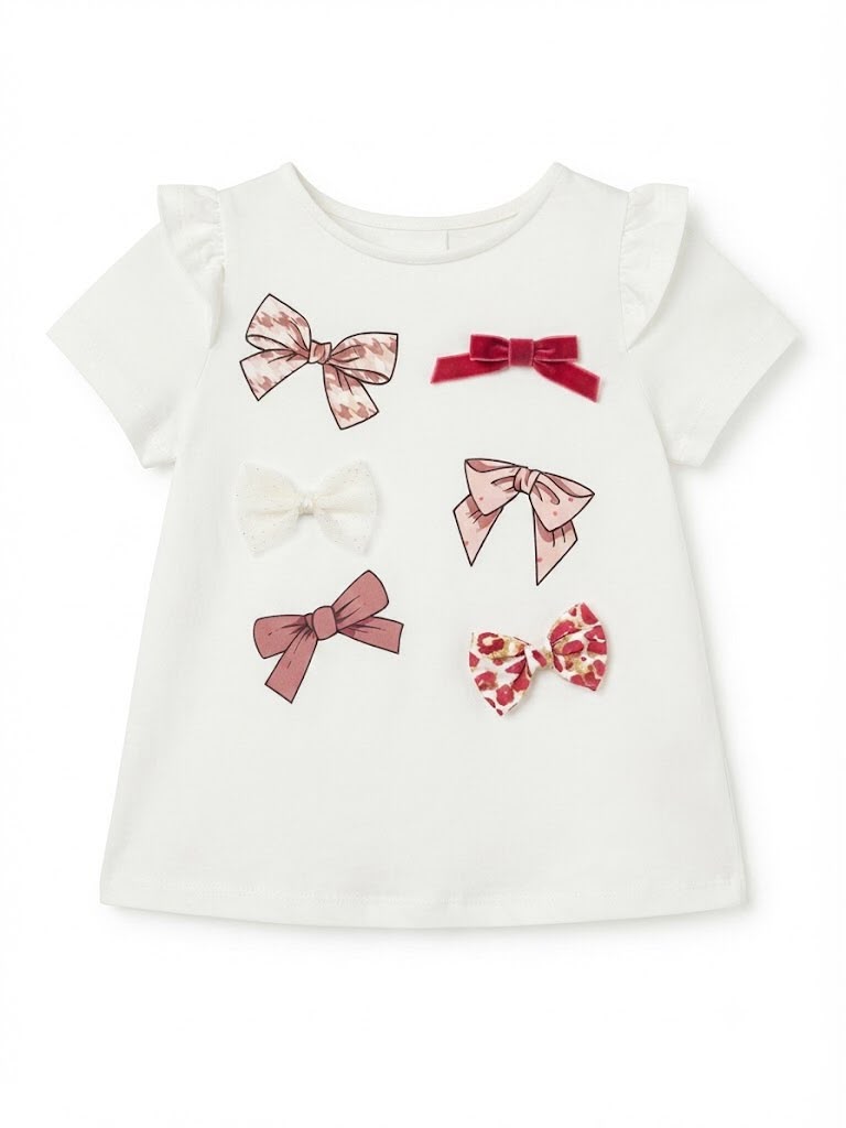 Girls' White Bow-Print Flutter-Sleeve Tee