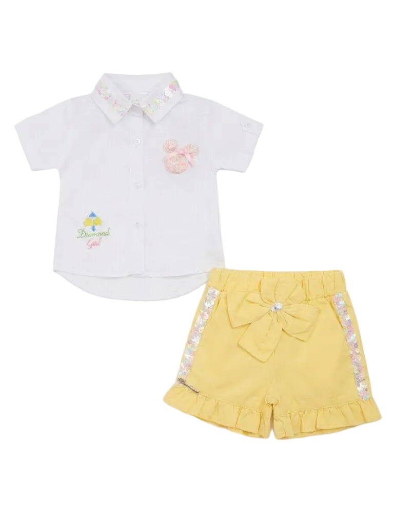 Diamond Girl" Sequins Shirt & Bow-Accent Short Set