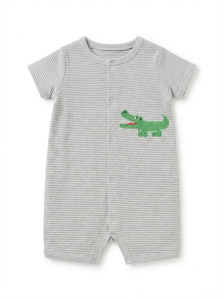 Striped Crocodile Patch Front-Snap Baby Romper