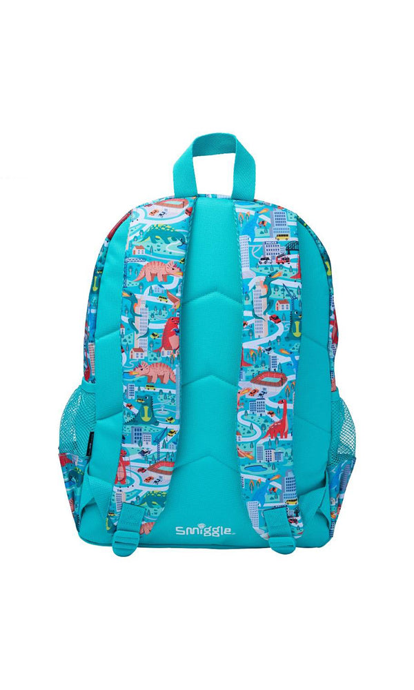School Bag Teal Dinosaur City Print