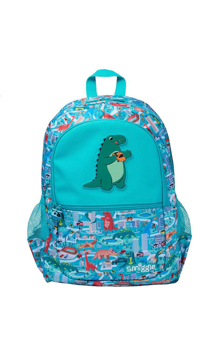 School Bag Teal Dinosaur City Print