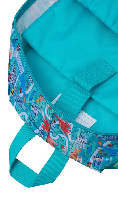 School Bag Teal Dinosaur City Print