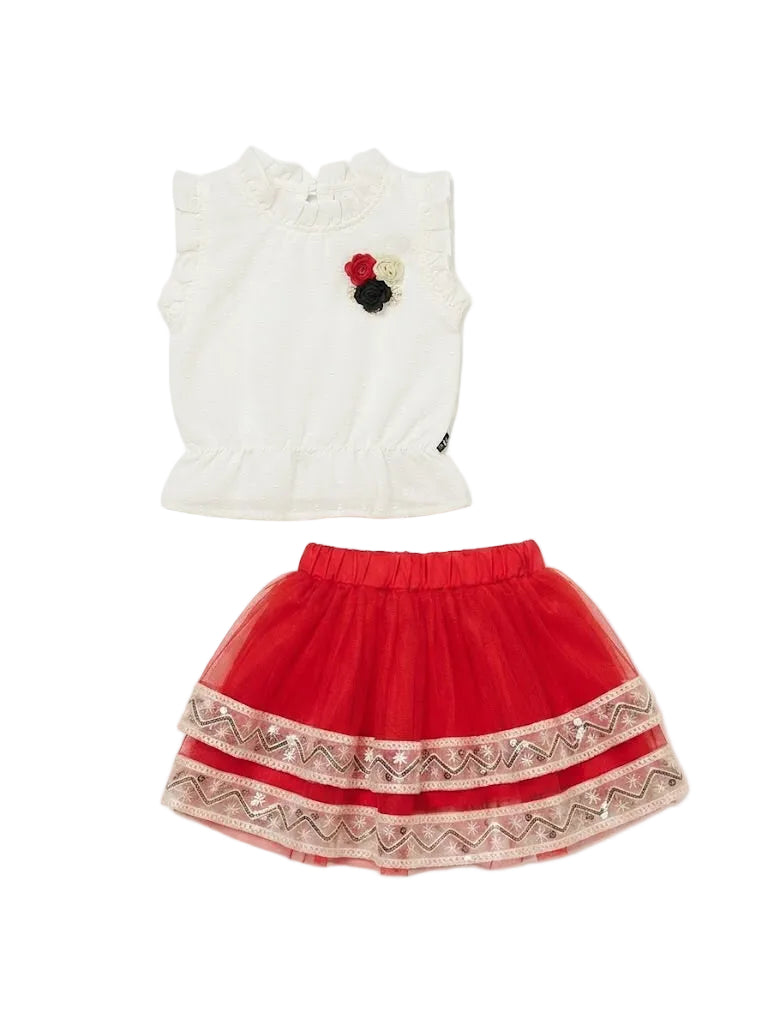 Ruffled Floral-Accented Top & Sequin Tulle Skirt Set