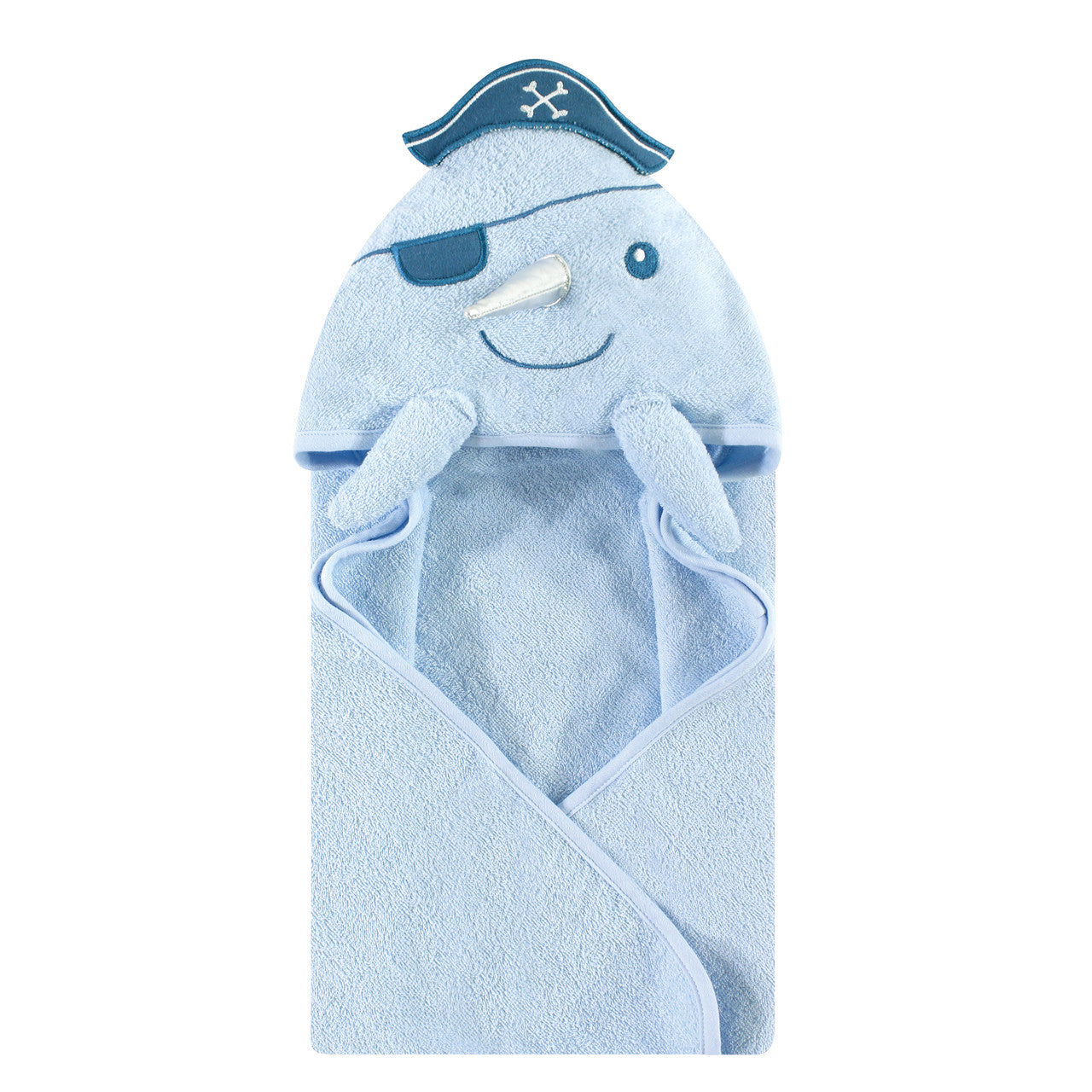 Hudson Baby Cotton Poly Animal Face Hooded Towel, Narwhal