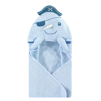 Hudson Baby Cotton Poly Animal Face Hooded Towel, Narwhal