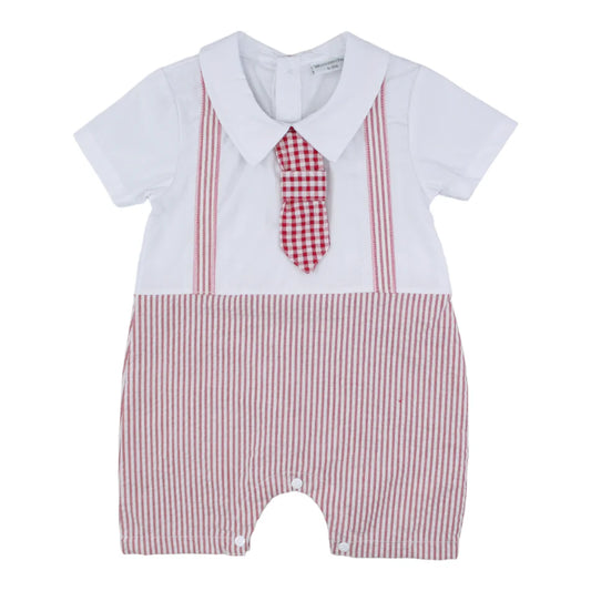 Wonderchild Suspender Applique Romper With Attached Tie - Red Stripes