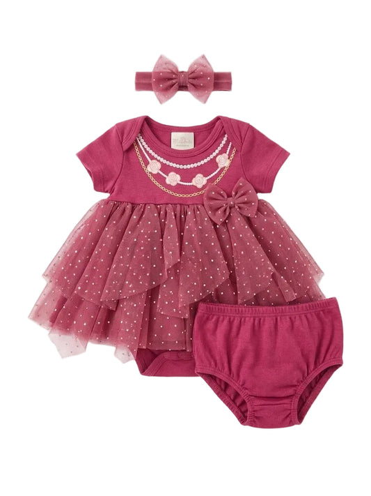 Short-sleeve baby girl bodysuit dress, bloomer, and headband three-piece set