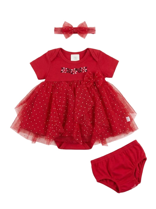 Short-sleeve baby girl bodysuit dress, bloomer, and headband three-piece set
