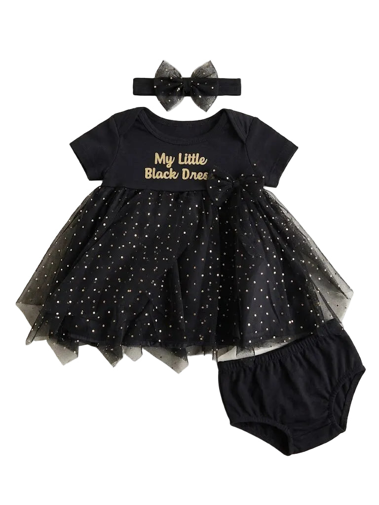 Short-sleeve baby girl bodysuit dress, bloomer, and headband three-piece set