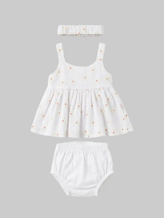 Sleeveless baby girl top, bloomer, and headband three-piece set