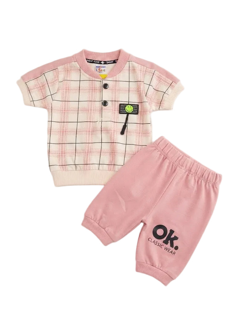 Plaid Button-Collar T-Shirt & "OK Classic" Short Set