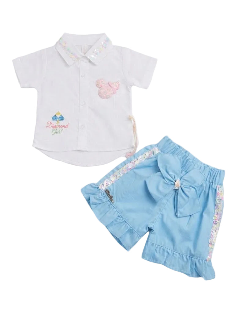 Diamond Girl" Sequins Shirt & Bow-Accent Short Set