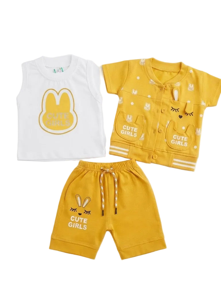 "CUTE GIRLS" Bunny-Themed 3-Piece Tank, Cardigan & Short Set