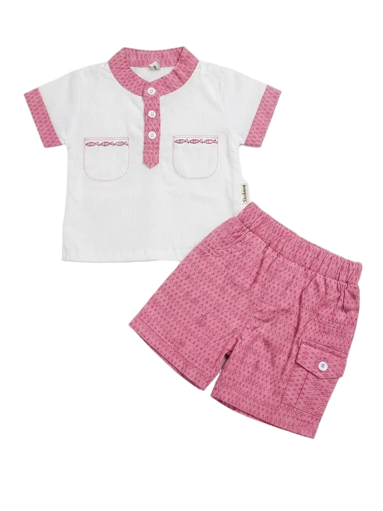 Patterned Trim Polo Shirt & Cargo Short Set