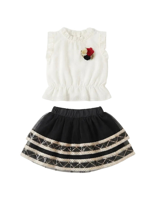 Ruffled Floral-Accented Top & Sequin Tulle Skirt Set