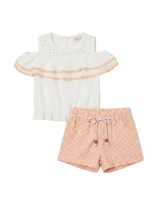 Cold-Shoulder Layered Ruffle Top & Daisy Print Short Set