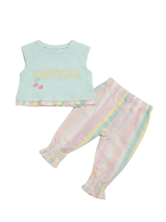 "Cherries" Graphic Tee & Pastel Striped Trouser Set
