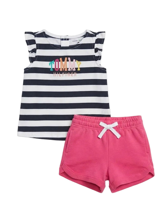 Striped Ruffle-Sleeve Tee & Bow-Trim Short Set