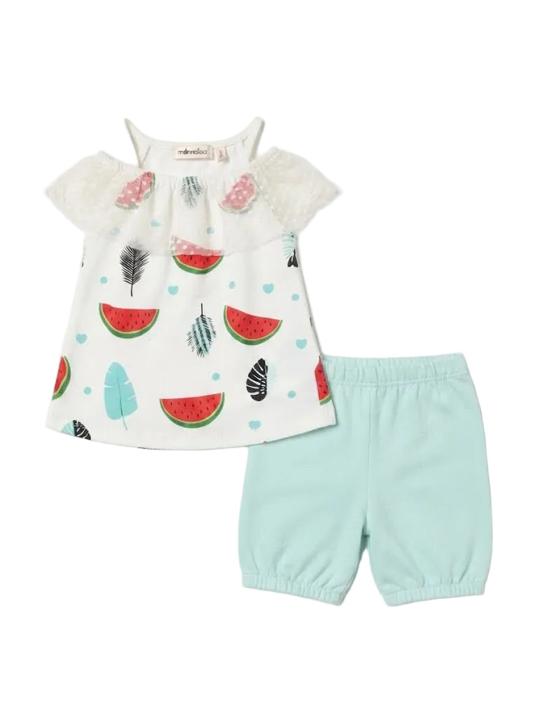 Watermelon & Tropical Print Cold-Shoulder Top & Short Set