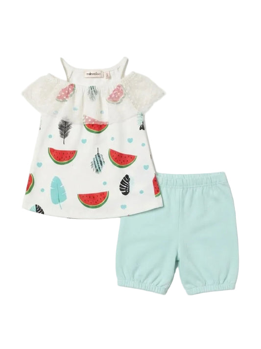 Watermelon & Tropical Print Cold-Shoulder Top & Short Set