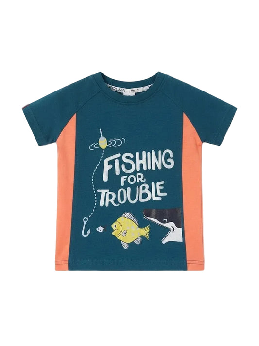 Fishing For Trouble" Graphic Colorblock Kids T-Shirt
