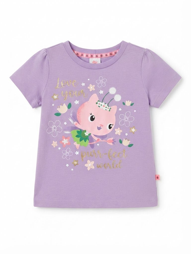 Love Your Purr-fect World" Fairy Cat Graphic Purple T-Shirt
