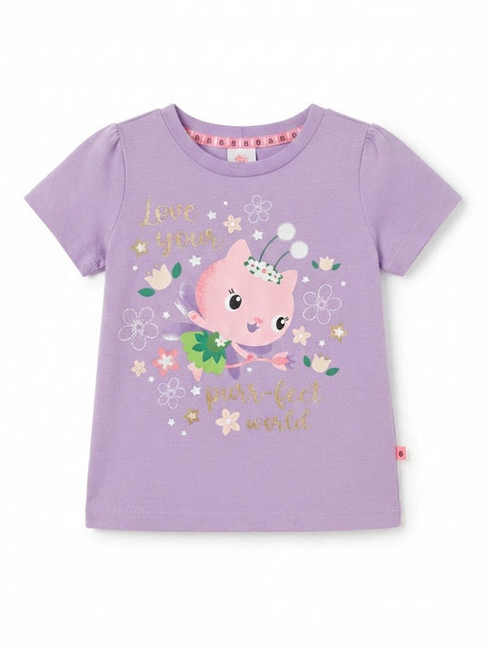 Love Your Purr-fect World" Fairy Cat Graphic Purple T-Shirt