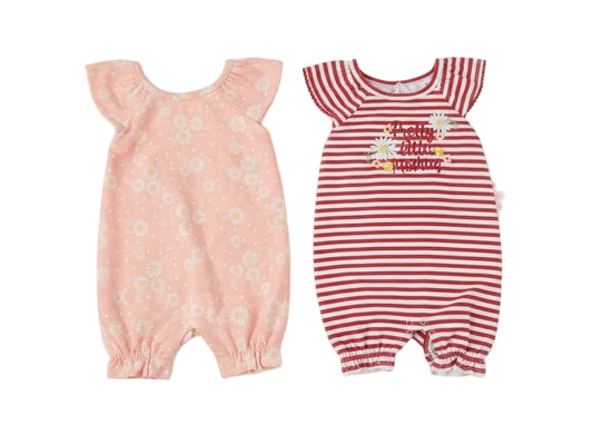 Daisy Print & Striped Ruffle-Sleeve Baby Romper Set