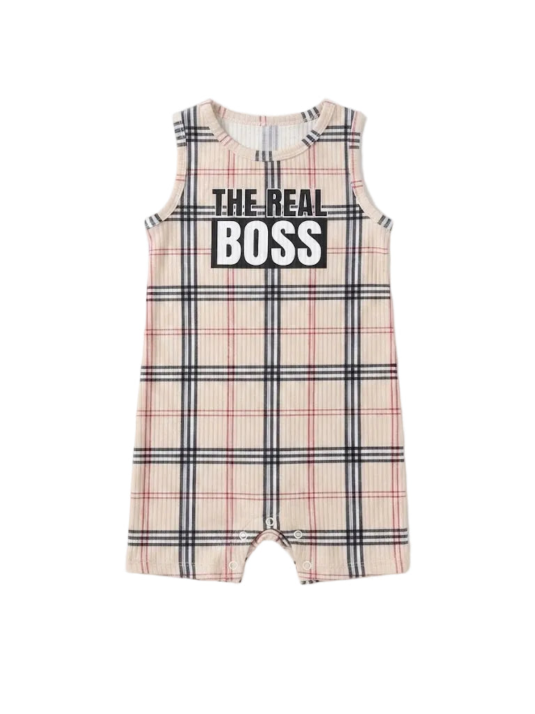 "The Real Boss" Plaid Sleeveless Baby Romper