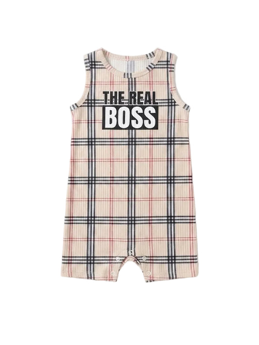 "The Real Boss" Plaid Sleeveless Baby Romper