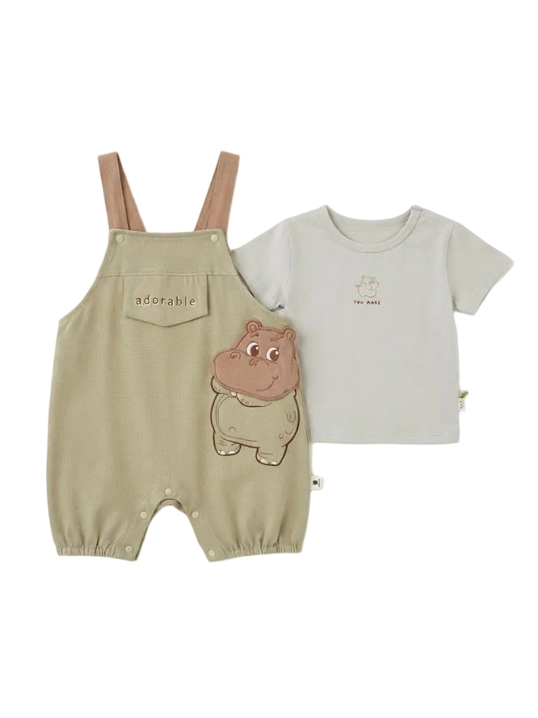 Adorable" Hippo Overalls and T-Shirt Baby Set