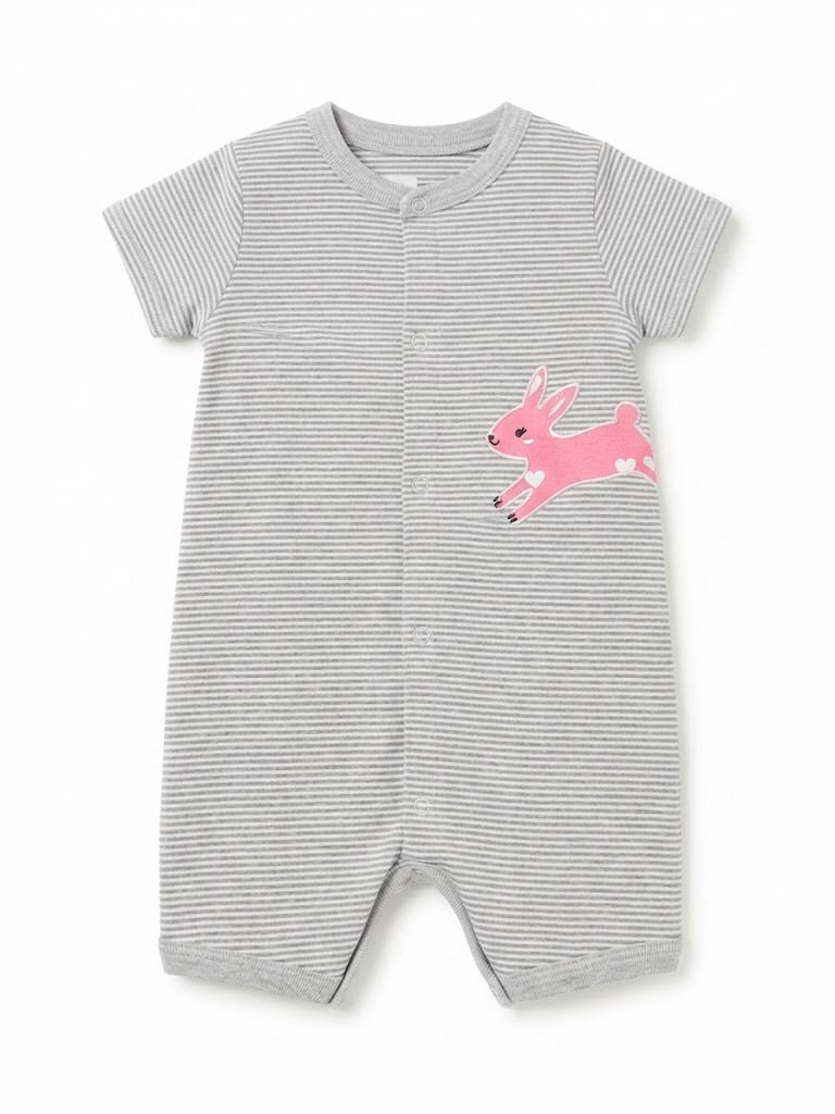 Striped Bunny Patch Front-Snap Baby Romper Set