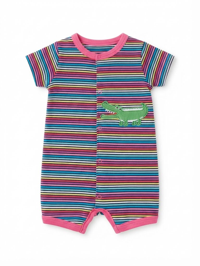 Striped Crocodile Patch Front-Snap Baby Romper