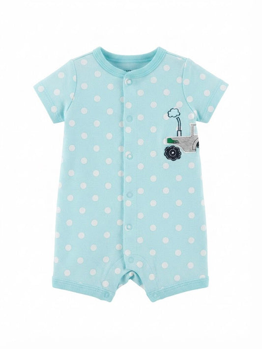 Polka Dot Tractor Patch Front-Snap Baby Romper