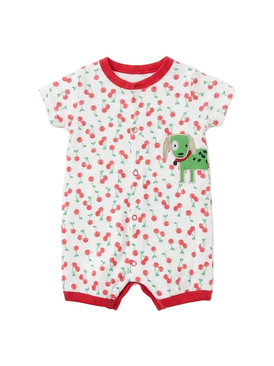 Cherry Print Green Dog Patch Front-Snap Baby Romper