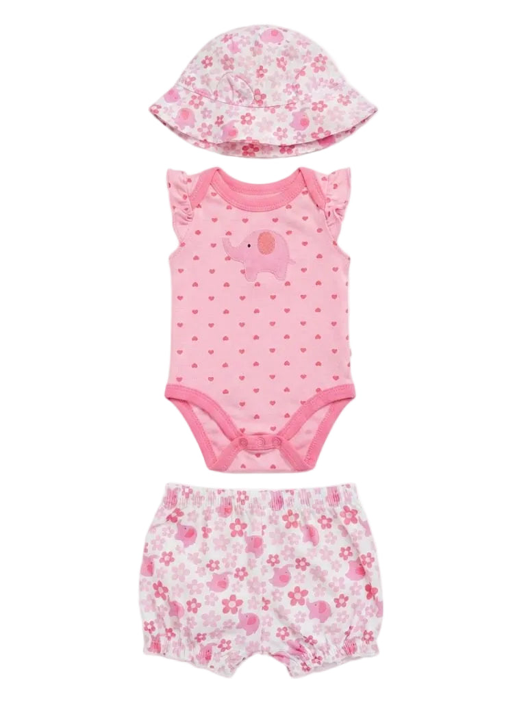 3-Piece Pink Elephant Bodysuit, Shorts & Sun Hat Set