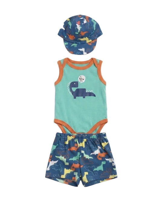 3-Piece Dinosaur Bodysuit, Shorts & Cap Set