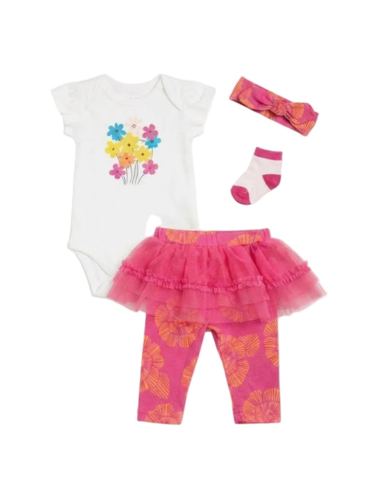 4-Piece Floral Bodysuit, Tutu Leggings, Headband & Socks Set