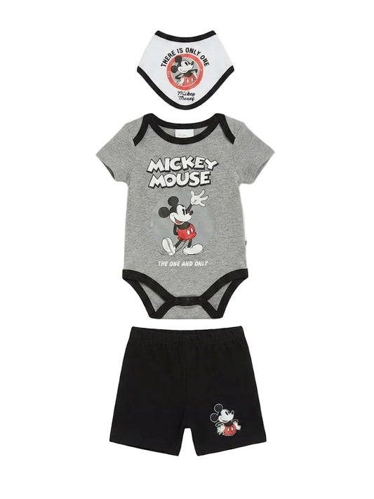 3-Piece Disney Mickey Mouse Grey Bodysuit, Shorts & Bib Set