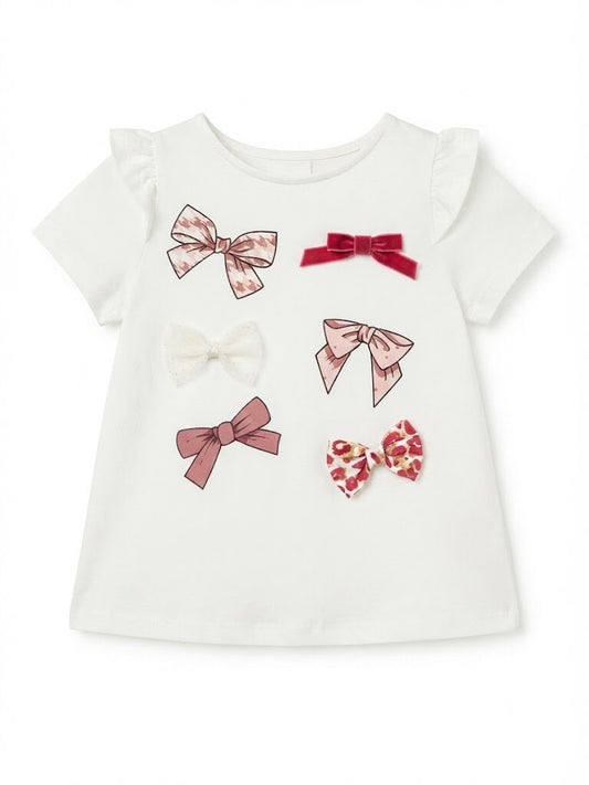 Girls' White Bow-Print Flutter-Sleeve Tee