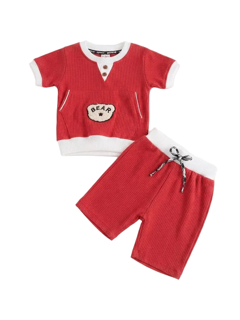 Kids' "BEAR" Pocket Ribbed Summer Co-Ord Set