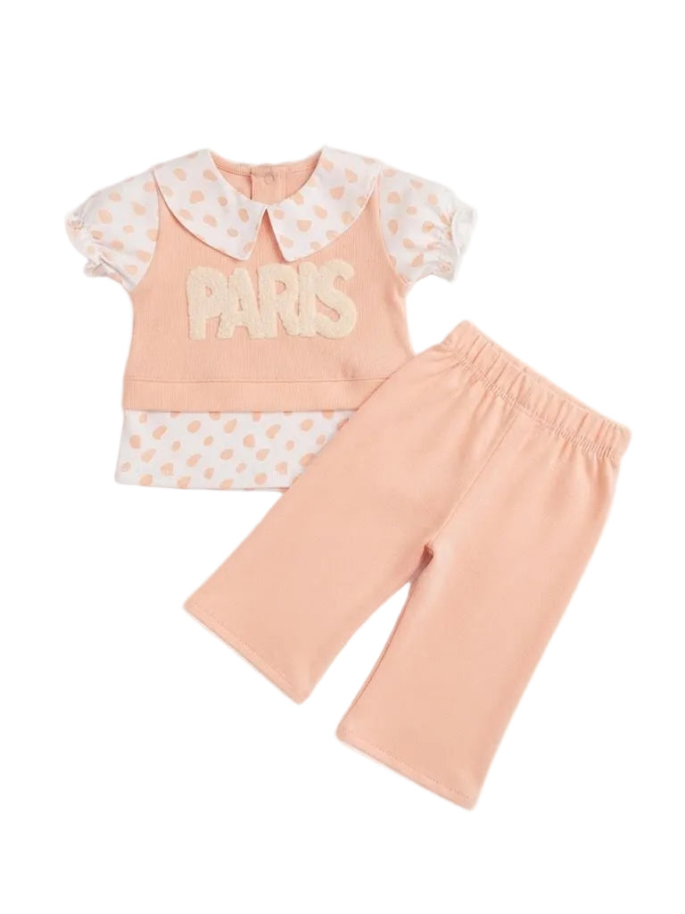 Girls' "PARADISE" Layered Collar Top & Pant Set