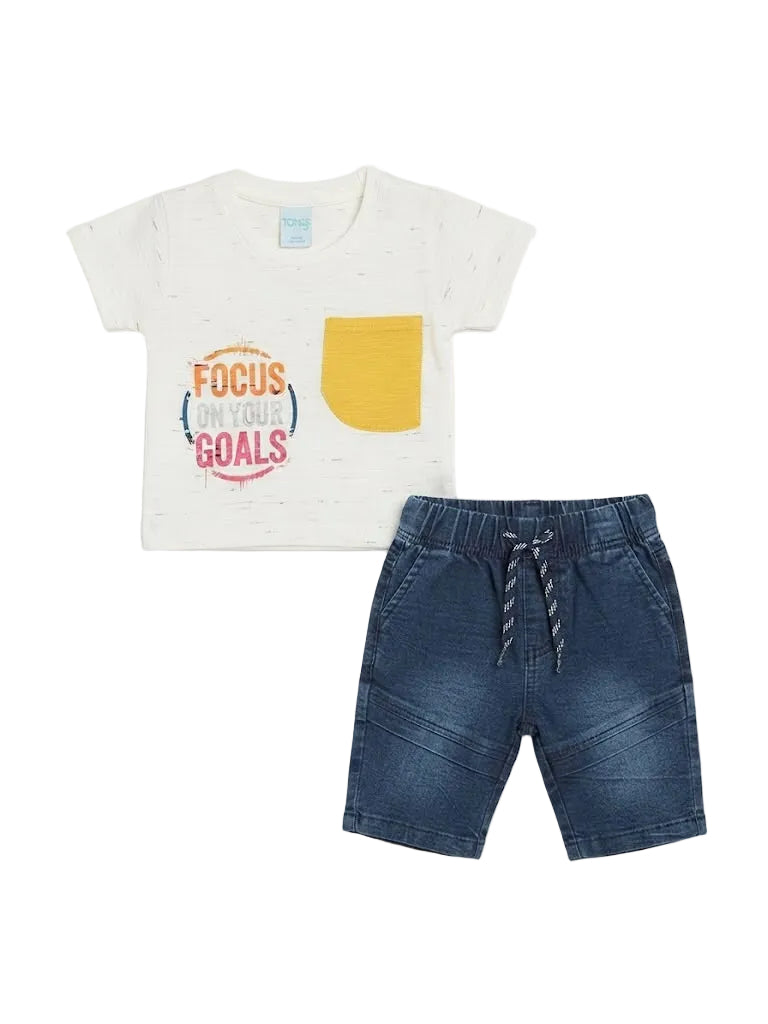 "FOCUS ON YOUR GOALS" T-Shirt & Denim-Look Short Set