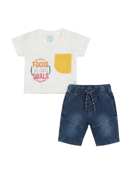 "FOCUS ON YOUR GOALS" T-Shirt & Denim-Look Short Set