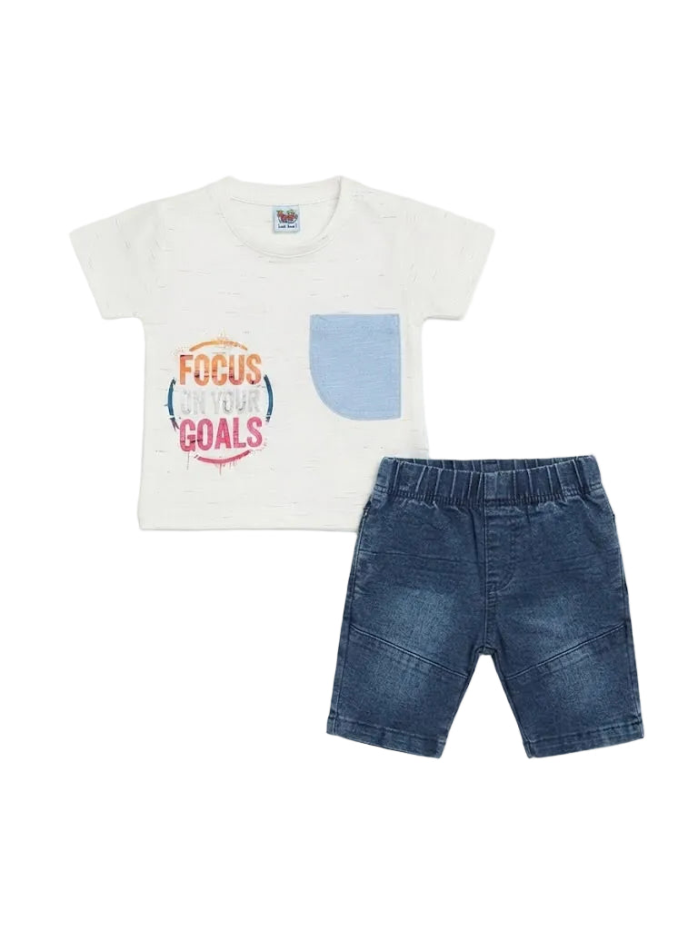 "FOCUS ON YOUR GOALS" T-Shirt & Denim-Look Short Set